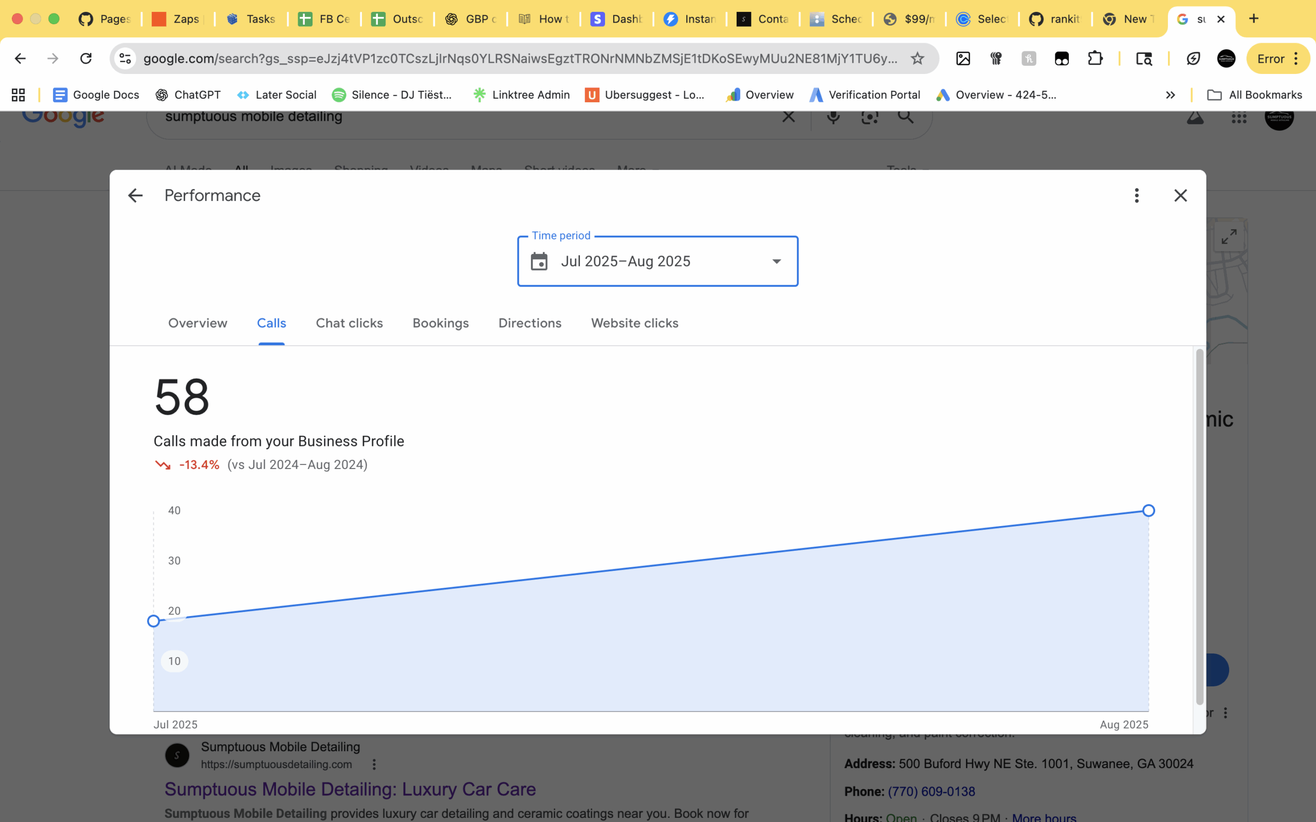GBP insights showing 50+ calls in one month after consistent posts, photos, and review replies.