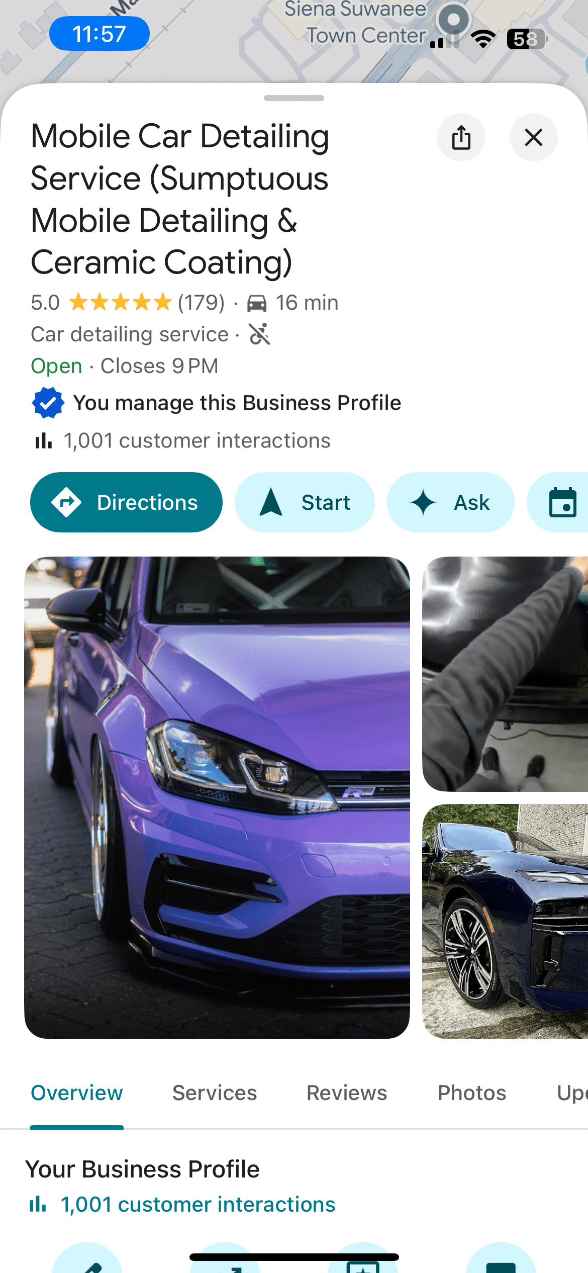 Google Business Profile showing high review count.